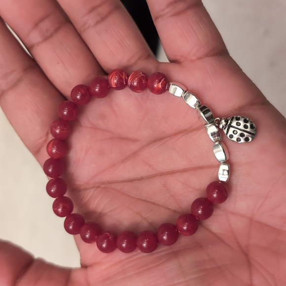 Red Beaded Bracelet with Silver Toned Ladybug Bead Focus - Picture 7 of 7